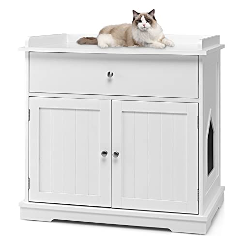 COSTWAY Katzenschrank mit Schublade & Tür & Eingang, 3-in-1 Katzenhaus Katzentoilette Beistelltisch,...