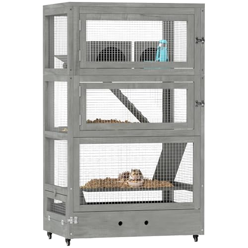 PawHut Hamsterkäfig aus Holz 4 Etagen 65 x 45 x 109 cm Nagerkäfig Kleintierkäfig mit Rollen, Hütten,...