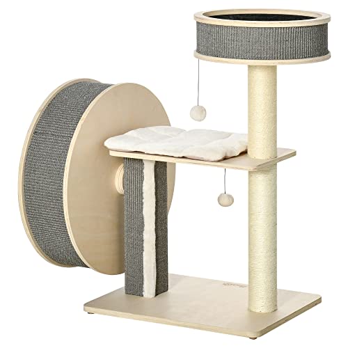 PawHut Kratzbaum mit Laufrad Katzenkiste Kletterbaum für Katzen mit Katzenball Spielzeug Sisal Plüsch...