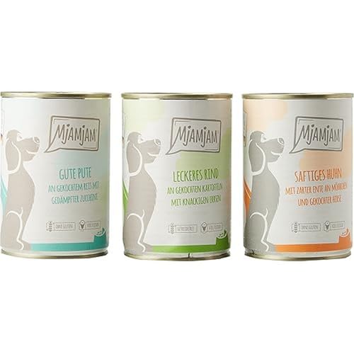 MjAMjAM - Premium Nassfutter für Hunde - Mixpaket I - Huhn & Ente, Rind, Pute, 6er Pack (6 x 400 g),...