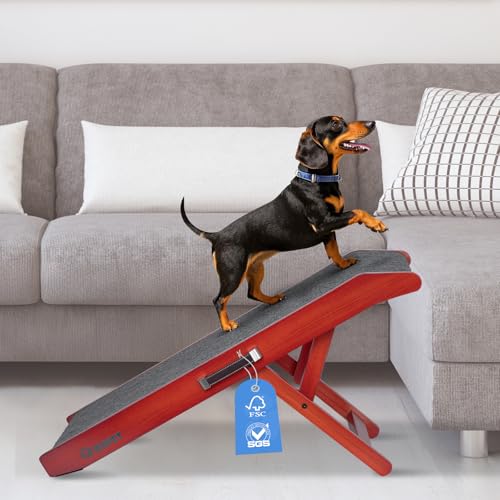 Hunderampe Hundetreppe für Hunde - Einstellbar 34-61,5 cm Spülschutz-Design Birkenholz Rampe Hund...