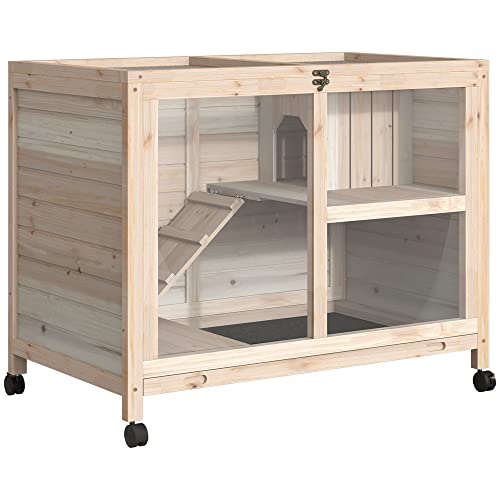 PawHut Kaninchenstall aus Holz Hasenstall mit 2 Etagen Freilaufgehege Rädern Klappdach Rampe Tablett,...