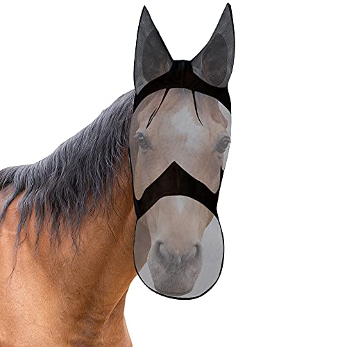 Buwico Horse Face Fliegenmaske, UV-Schutz, mit Ohren- und Nasenschutz, schwarz, DREI Größen (M)