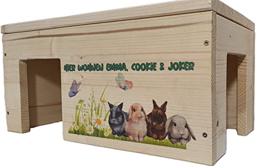 Kaninchenhaus Personalisiert mit Wunschnamen ihrer Hasen mit 2 Eingängen, Stabil, Holzlasur &...