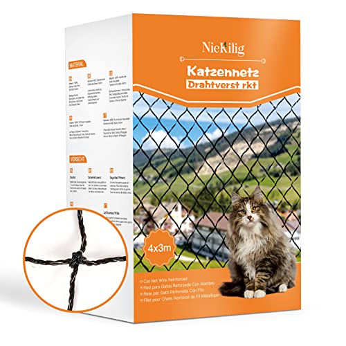 NieKilig Drahtverstärktes Katzennetz für Balkone, 4x3m Balkon Drahtnetz Katzen, Katzenschutznetz für...