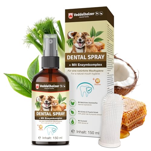 Veddelholzer 150 ml Probiotisches Dentalspray Set für Hunde & Katzen mit Fingerzahnbürste &...