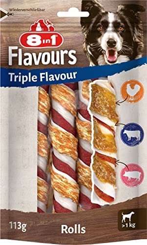 8in1 Triple Flavour Rolls Kaustangen für Hunde - Kausnacks mit extra viel Fleisch, 113g Beutel (3...