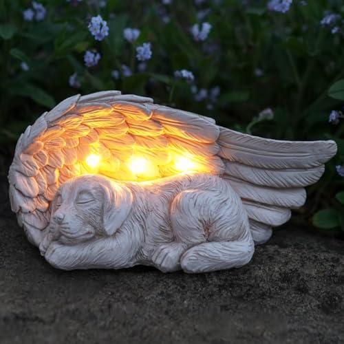 Festive Lights Gedenkstein mit solarbetriebener LED Beleuchtung Engelsflügel mit Hund Grabdekoration...