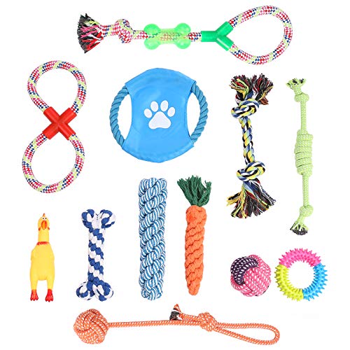 WELLGRO 12-TLG. Hundespielzeug Set - Kauspielzeug - Material Baumwolle/Kunststoff - interaktives Spielset...