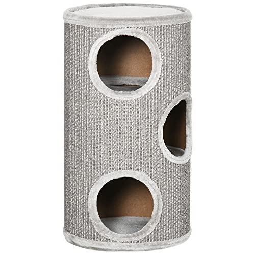 PawHut Kratztonne, Höhe 70 cm, Spieltonne für Katzen, 3 Ebenen, Katzenkratzbaum mit 3 Höhlen,...