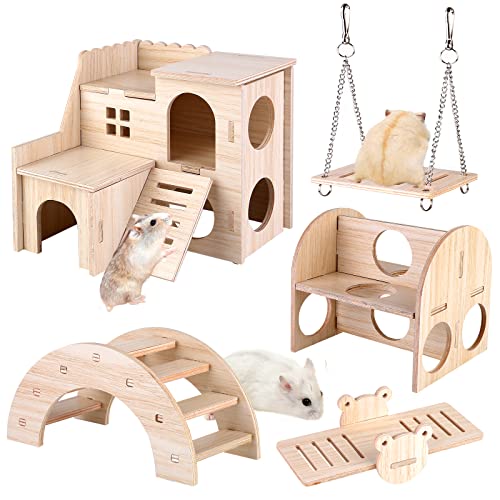 Vegena 5 Stück Spielzeug für Hamster aus Holz - DIY Hamster Spielzeug - Hamster Versteck Haus Brücke...