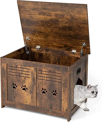 COSTWAY Katzenhaus Katzenklo Schrank, Katzenhöhle mit Eingang & Klappdeckel, Haustierbox Vintage für...