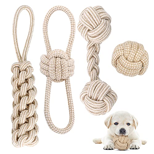 AnCoSoo Hundespielzeug Seil mit Knoten Ball, 4 Stück Kauen Hundespielzeug Set für Kleine Hunde/...