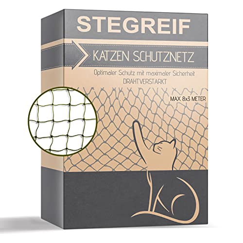 STEGREIF Katzennetz für Balkon - Katzen Schutznetz Olivgrün- Drahtverstärkt (8 x 3 Meter, Olivgrün)
