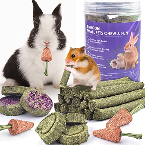 ERKOON 24 Stück Kaninchen Spielzeug, Timothy Heu Sticks Karotten Rosengraskuchen Zahnpflege Molar,...